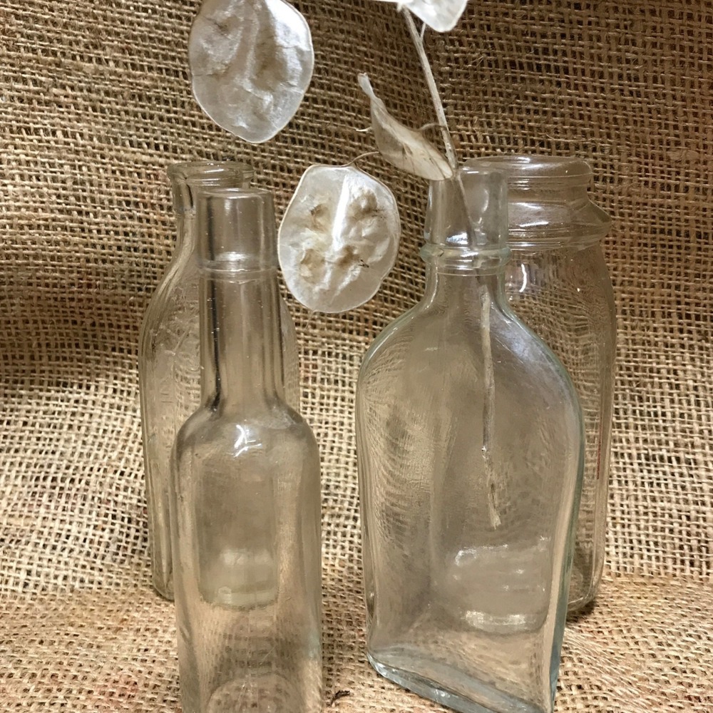 Set of Four Vintage Clear Glass Bottles: Farmhouse Wedding Decor